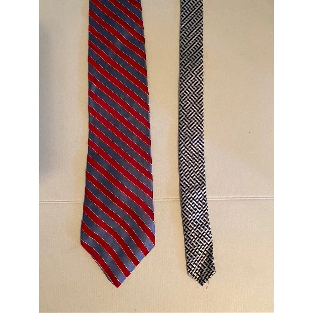 Tommy Hilfiger Mens Red Blue Striped Silk Tie Houndstooth Contrast Tip
